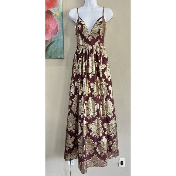 Dear Moon Formal Dress Sz 3 Burgundy Metallic Gold Floral Print Maxi V-Neck - Picture 2 of 10